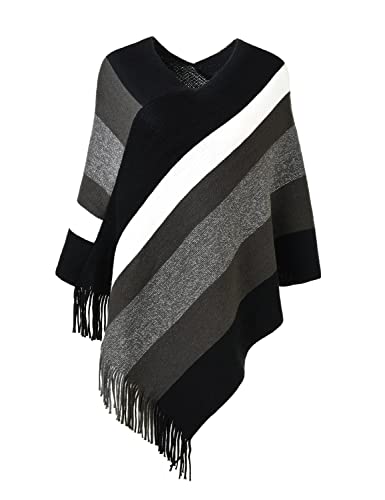 Ferand Damen Gestreifter Poncho Pullover Vielseitiger Schal zum Wickeln mit Fransen für Herbst und Winter - One Size - Schwarz & Grau von Ferand