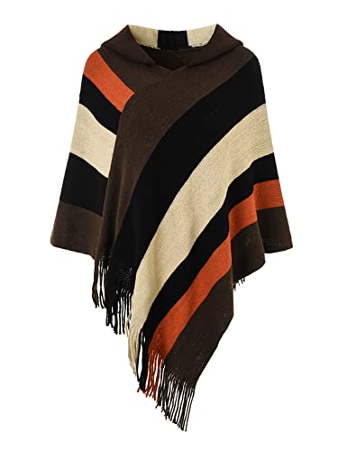 Ferand Damen Gestreifter Poncho Pullover Vielseitiger Schal zum Wickeln mit Fransen für Herbst und Winter - One Size - Stil mit Kapuze: Braun & Schwarz von Ferand