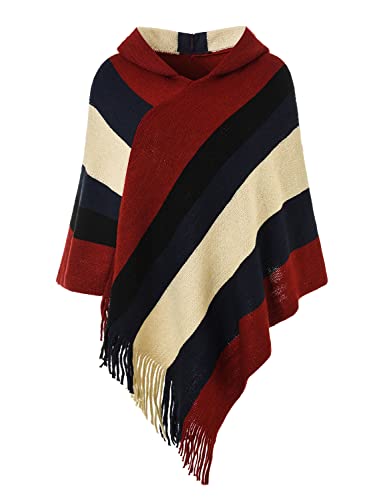 Ferand Damen Gestreifter Poncho Pullover Vielseitiger Schal zum Wickeln mit Fransen für Herbst und Winter - One Size - Stil mit Kapuze: Burgund & Beige von Ferand