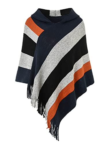 Ferand Damen Gestreifter Poncho Pullover Vielseitiger Schal zum Wickeln mit Fransen für Herbst und Winter - One Size - Stil mit Kapuze: Marineblau & Schwarz von Ferand