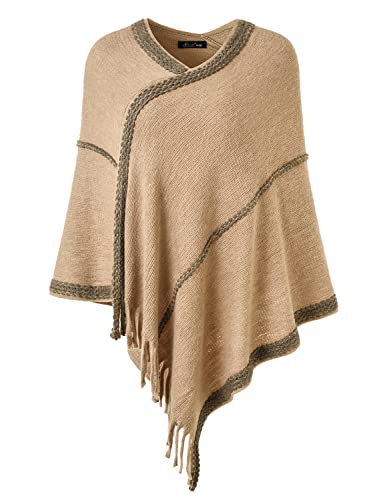 Ferand Damen Gestreifter Poncho Pullover weicher Wickelschal mit Fransen, One Size, Khaki von Ferand