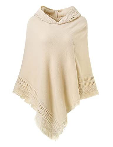 Ferand Damen Poncho mit Kapuze und gehäkeltem Cape mit Fransensaum für Herbst Winter - One Size - Beige von Ferand