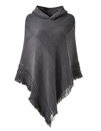 Ferand Damen Poncho mit Kapuze und gehäkeltem Cape mit Fransensaum für Herbst Winter - One Size - Grau von Ferand