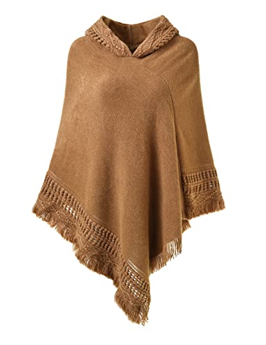 Ferand Damen Poncho mit Kapuze und gehäkeltem Cape mit Fransensaum für Herbst Winter - One Size - Kamel von Ferand