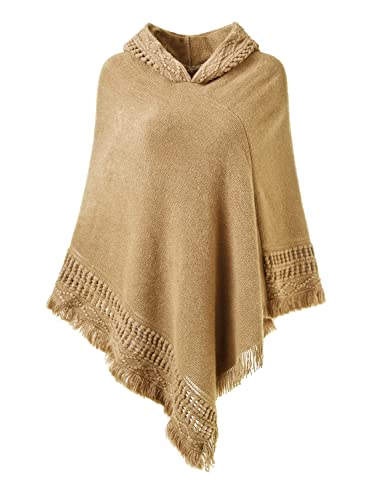 Ferand Damen Poncho mit Kapuze und gehäkeltem Cape mit Fransensaum für Herbst Winter - One Size - Khaki von Ferand