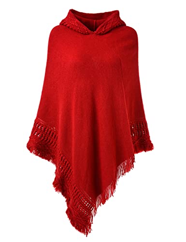 Ferand Damen Poncho mit Kapuze und gehäkeltem Cape mit Fransensaum für Herbst Winter - One Size - Rot von Ferand