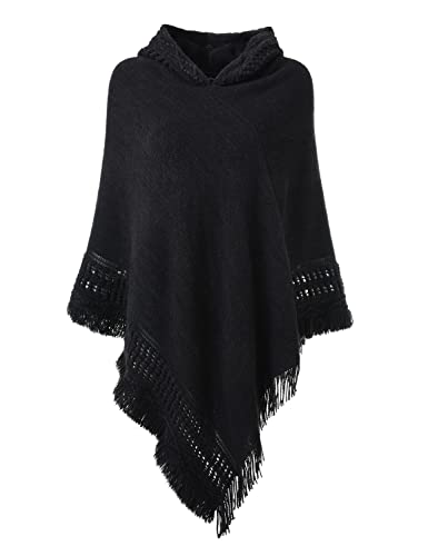 Ferand Damen Poncho mit Kapuze und gehäkeltem Cape mit Fransensaum für Herbst Winter - One Size - Schwarz von Ferand