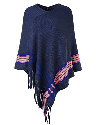 Ferand Gestreifter Poncho-Pullover für Damen mit Fransen, One Size, Navy blau von Ferand