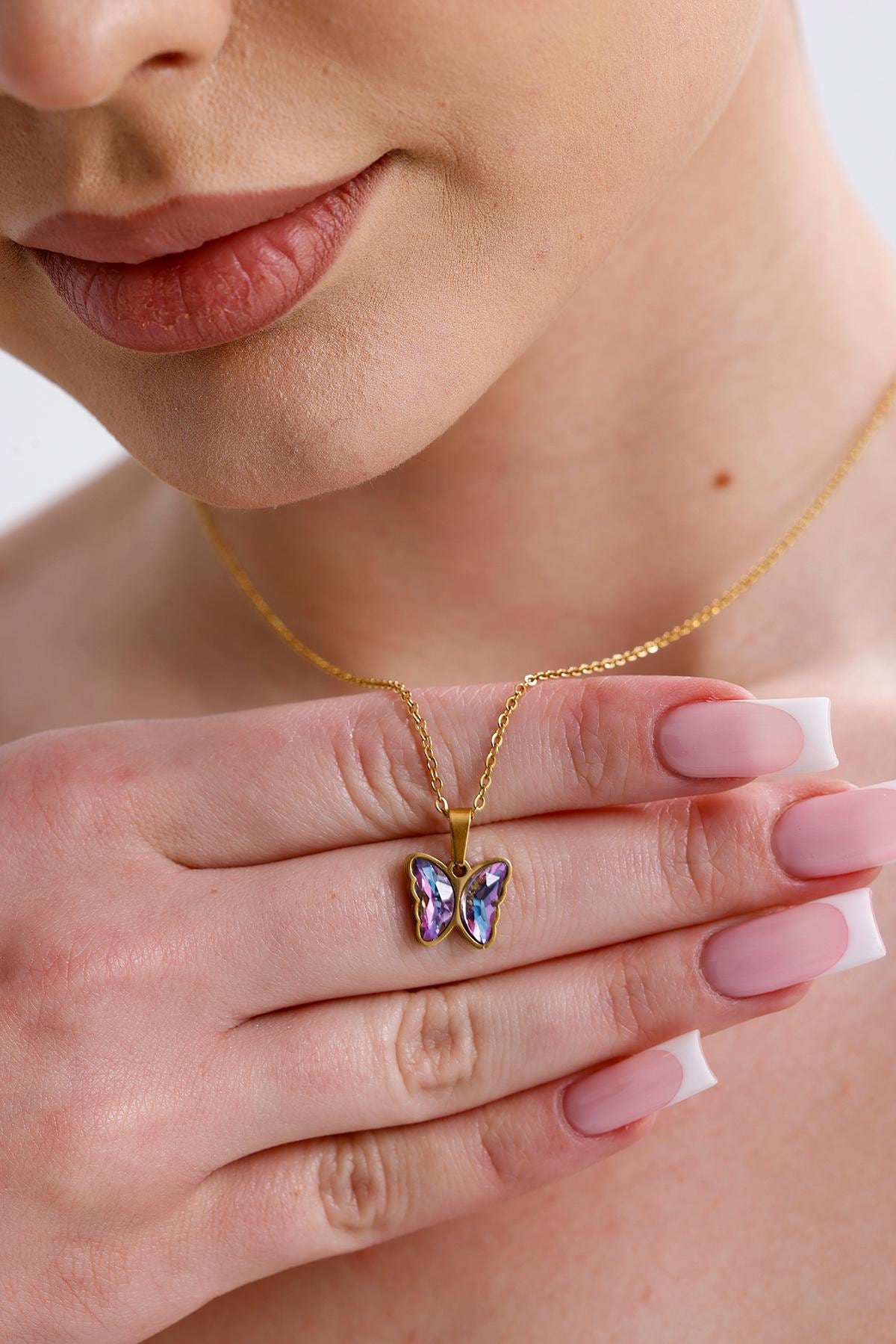 14K Gold Schmetterling Halskette Lila Kristallanhänger, Zierliches Geschenk von FerayeLondon