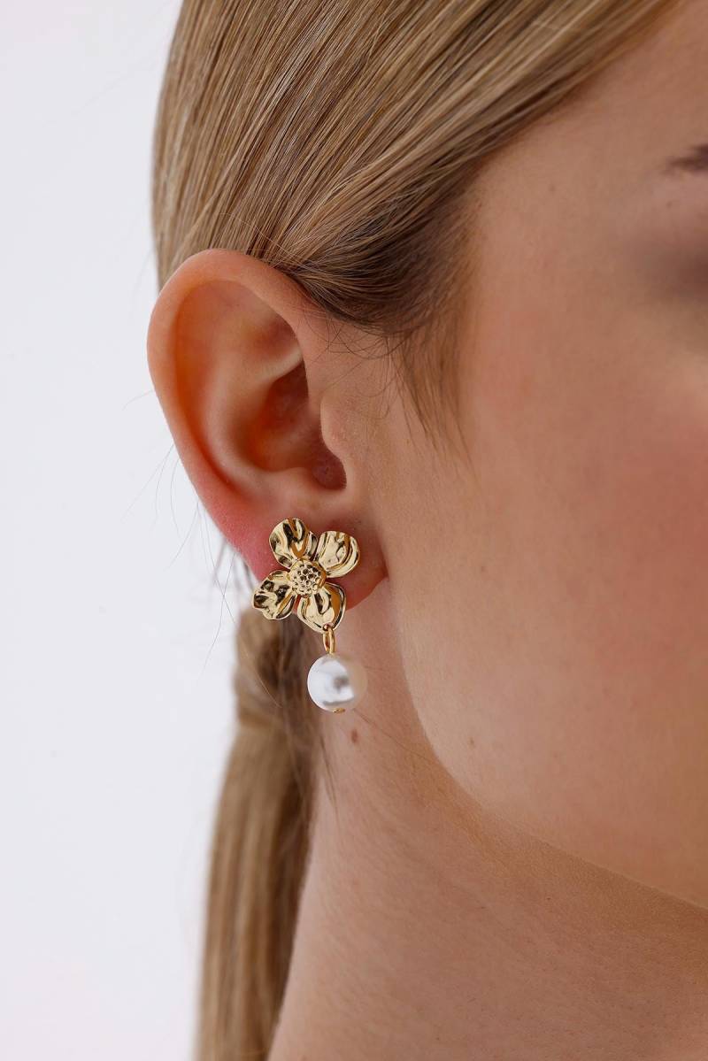 Elegante Goldblumen Ohrringe Mit Perlentropfen, Stilvoller Blumenschmuck Für Frauen, Blumenohrringe Perfekt, Perlentropfenohrringe, Geschenk Sie von FerayeLondon