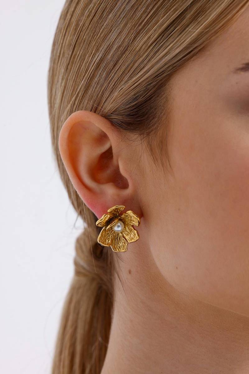 Gold Blumen Ohrstecker - Florale Perlen Ohrringe Für Frauen Eleganter Strukturierter Schmuck Handgemachte Statement Geschenk Sie von FerayeLondon