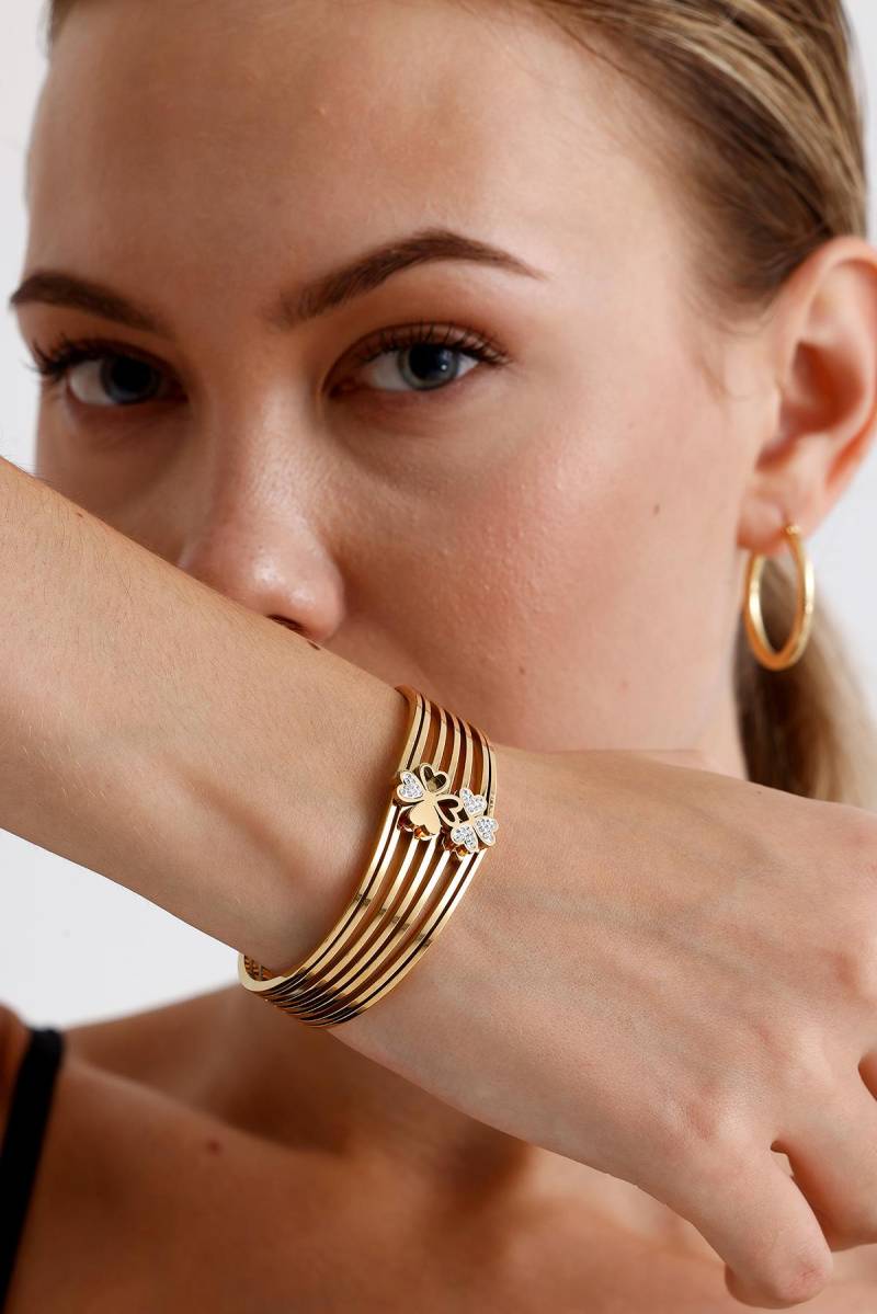 Vierblättriges Kleeblatt Vergoldet Armreif, Glücksarmband, Gold Manschette 18K Gefüllt Statement Geschenk Für Mama, Weihnachtsgeschenk von FerayeLondon