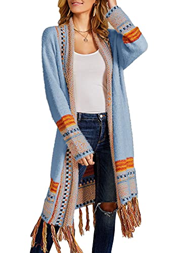 FERBIA Damen Boho Cardigan Pullover Lang Offene Vorderseite Maxi Strick Pullover Azteken Tribal Quaste Fransen Dünner Mantel, B-Blau, Mittel von Ferbia
