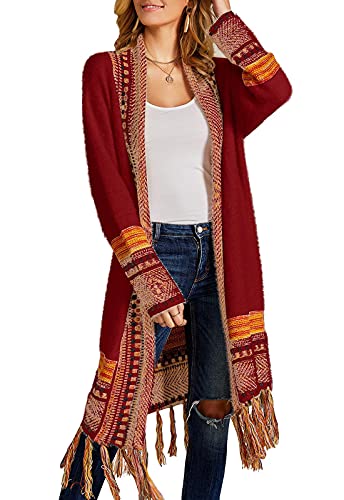 FERBIA Damen Boho Cardigan Pullover Lang Offene Vorderseite Maxi Strick Pullover Azteken Tribal Quaste Fransen Dünner Mantel, B-Wine Rot, Klein von Ferbia