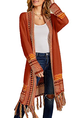 FERBIA Damen Boho Cardigan Pullover Lang Offene Vorderseite Maxi Strick Pullover Azteken Tribal Quaste Fransen Dünner Mantel, B-Ziegelrot, Klein von Ferbia