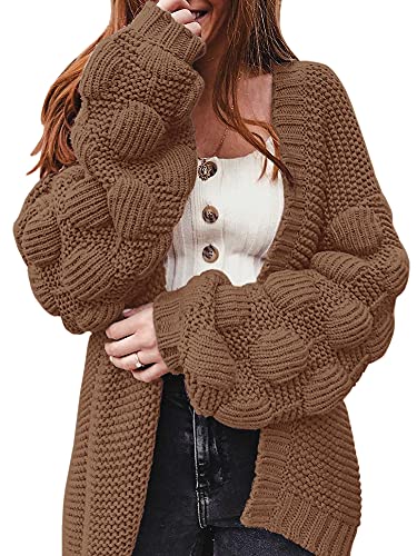 FERBIA Damen-Strickjacke, übergroß, niedlich, grob, lang, mit Bommel, vorne offen, Kaffee, Mittel von Ferbia