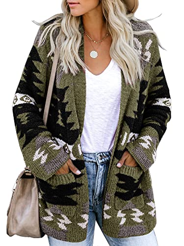FERBIA Frauen Boho Cardigan Aztec Open Front Lose Slouchy Pullover Tribal Langarm Gestrickt Weihnachten Jacke Mantel, Armee-Gänse, Groß von Ferbia