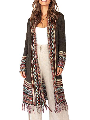 Ferbia Damen Boho-Langarm-Cardigan mit offener Vorderseite, lockerer Pullover, Maxi-Boho-Strick, Azteken-Muster, Tribal-Quaste, Fransen - Braun - Klein von Ferbia