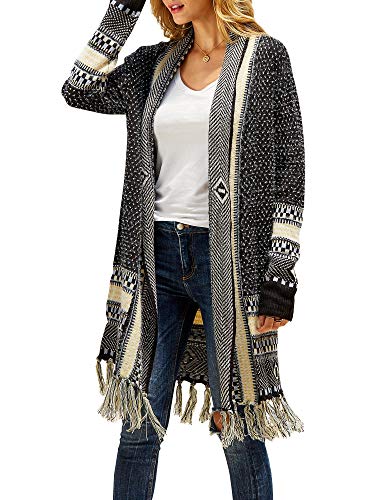 FERBIA Damen Boho-Langarm-Cardigan mit offener Vorderseite, lockerer Pullover, Maxi-Boho-Strick, Azteken-Muster, Tribal-Quaste, Fransen - Schwarz - Klein von Ferbia