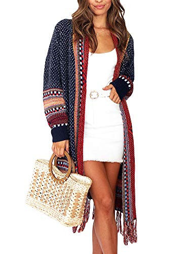Ferbia Damen Boho-Langarm-Strickjacke mit offener Vorderseite, Maxi, Bohemian-Strickpullover, Azteken-Muster, lose Outwear Coat - - X-Groß von Ferbia