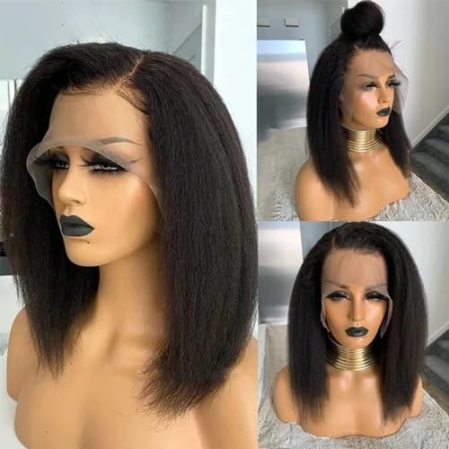 Fereowth 13x4 Lace Front Perücke Afro Gerader Echthaar Perücke Daman, 12 Zoll Yaki Kinky Staight Wig for Woman 180% Dichte Gerade Perücken Schwarz (16Zoll,40cm) von Fereowth
