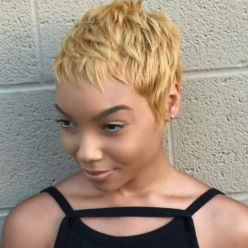 Fereowth Gold Kurze Echthaar Perücke, Perücke für Damen, Pixieschnitt, Shorts, menschliches Haar, gerade, brasilianische Haarschicht, mit Pony von Fereowth