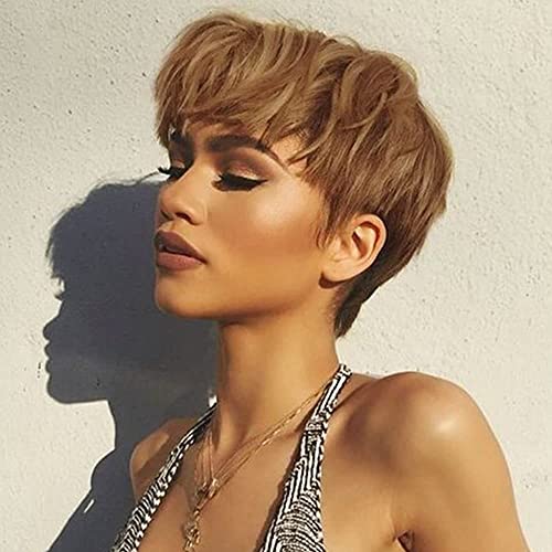 Fereowth Kurze Perücke, braun, Echthaar, kurz, Pixie, menschliches Haar, mit Pony, glatt, brasilianisches Haar mit Pony, natürliche Perücken für Frauen (Braun) von Fereowth