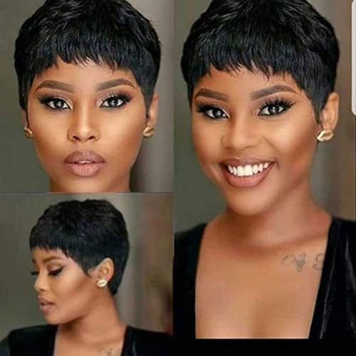Fereowth Kurzes Echthaar Perücken für Damen Short Pixie Cut Wigs Human Hair Wig Echthaar Perücke Damen Kurz Gerade Pixie Perücken Schwarz von Fereowth