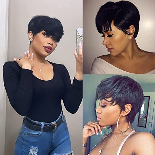 Fereowth Kurzes Echthaar Perücken für Damen Pixie Cut Perücken mit Pony Premium Duby Echthaar-Perücke Kurz Gerade Perücken Schwarz Short Pixie Cut Human Hair Wig Fereowth Kurzes Echthaar Perücken für Damen Pixie Cut Perücken mit Pony Premium Duby Echthaar-Perücke Kurz Gerade Perücken Schwarz Short Pixie Cut Human Hair Wig von Fereowth