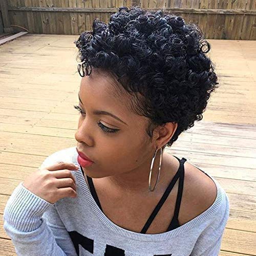 Fereowth Perücke aus menschlichem Haar, Afro, kurz, kurz, Afro, lockig, Perücke, Damen, natürlich, lockig, brasilianische Perücken (schwarz) von Fereowth