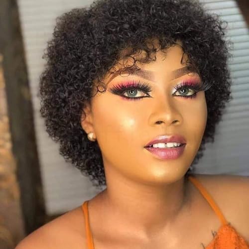 Fereowth Perücke aus menschlichem Haar, Afro, kurz, mit Pony, Perücke für Damen, natürlich, brasilianisch, kurz, Afro, gelockt, menschliche Perücke (schwarz) von Fereowth