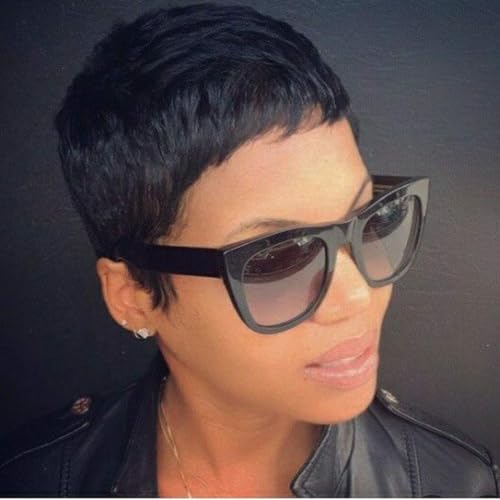 Fereowth Perücke für Damen, natürlich, kurz, Pixie, Perücke, kurz, menschliches Haar, mit Pony, gerade, brasilianische Haarschicht, mit Pony, Schwarz Fereowth Perücke für Damen, natürlich, kurz, Pixie, Perücke, kurz, menschliches Haar, mit Pony, gerade, brasilianische Haarschicht, mit Pony, Schwarz von Fereowth