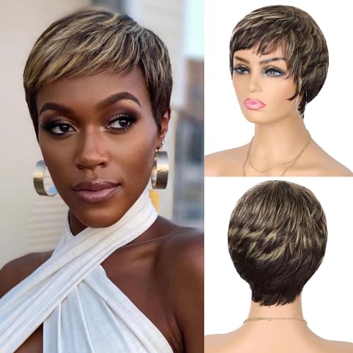 Fereowth Kurze Pixie Perücke für Damen, natürlich, kurz, menschliches Haar, kurz, Echthaar, gerade, brasilianische Haarschicht, mit Pony, Perücken (4/27#) Fereowth Kurze Pixie Perücke für Damen, natürlich, kurz, menschliches Haar, kurz, Echthaar, gerade, brasilianische Haarschicht, mit Pony, Perücken (4/27#) von Fereowth