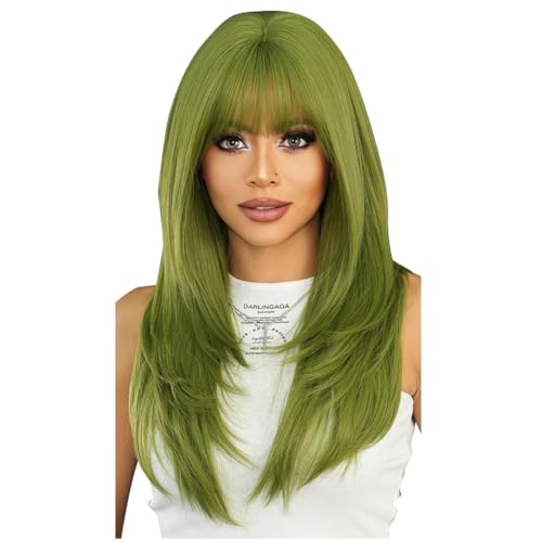 Feriany Perücke Gerade Grüne Synthetische Perücke mit Gestufter Gerader Mittellanger Anti- Frauen Cosplay Perücke, Einfach zu Benutzen Langlebig (24) von Feriany