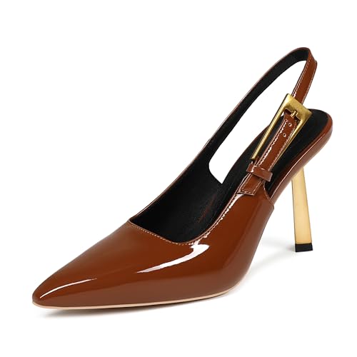 Damen Slingback Stiletto High Heels Square Toe mit Metallschnalle Riemen Slip On Pumps Rückenfrei Lackleder Mode Kleid Schuhe Hochzeit Party, Braun, 38 EU von Fericzot