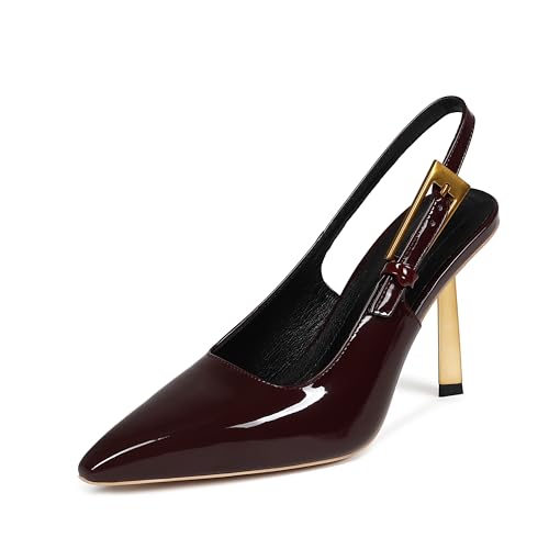 Damen Slingback Stiletto High Heels Square Toe mit Metallschnalle Riemen Slip On Pumps Rückenfrei Lackleder Mode Kleid Schuhe Hochzeit Party, Burgunder, 37.5 EU von Fericzot