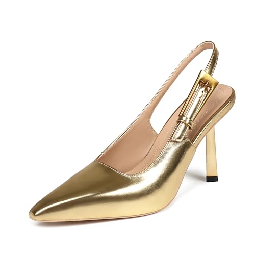 Damen Slingback Stiletto High Heels Square Toe mit Metallschnalle Riemen Slip On Pumps Rückenfrei Lackleder Mode Kleid Schuhe Hochzeit Party, Gold, 40 EU von Fericzot