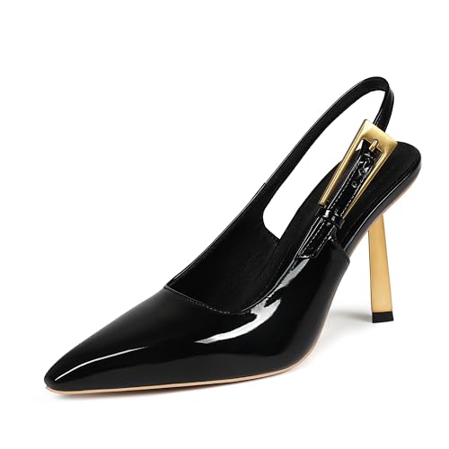 Damen Slingback Stiletto High Heels Square Toe mit Metallschnalle Riemen Slip On Pumps Rückenfrei Lackleder Mode Kleid Schuhe Hochzeit Party, Schwarz, 42 EU von Fericzot