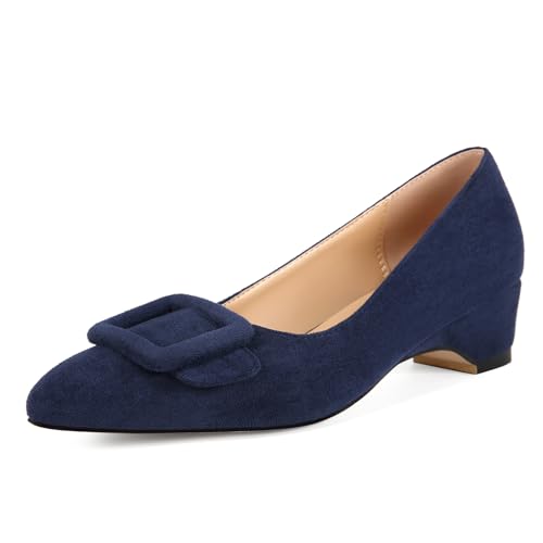 Fericozt Damen Spitze Zehen Kleid Schuhe Niedriger Chunky Heel Pumps Bequeme Schuhe mit Schnalle, Dunkelblau, 39.5 EU von Fericzot