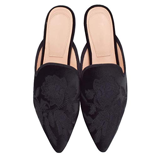 Fericzot Damen Samt Rückenfrei Spitze Zehen Slip On Loafers Flache Stickerei Mule Slippers Schuhe, schwarz, 39 EU von Fericzot