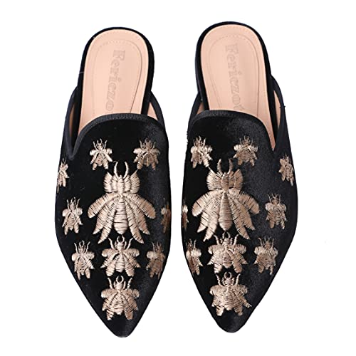 Fericzot Damen Samt rückenfrei spitz Zehe Slip On Loafers Flats Stickerei Mule Slipper Schuhe, Schwarz (Schwarze kleine Spinne), 42 EU von Fericzot