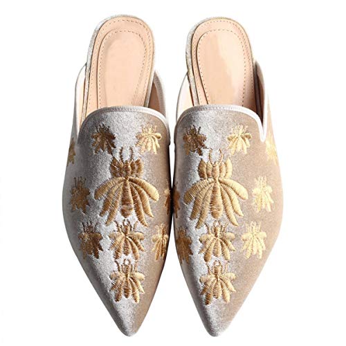 Fericzot Damen Samt rückenfrei spitz Zehe Slip On Loafers Flats Stickerei Mule Slipper Schuhe, Weiß (Aprikose), 40.5 EU von Fericzot