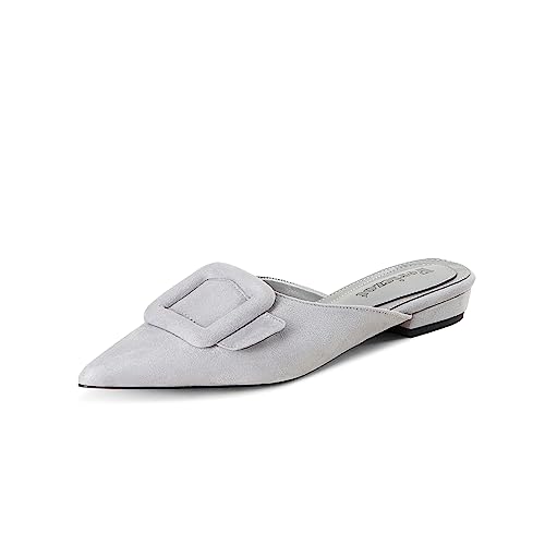 Fericzot Pantoletten für Damen, Slingback Schnalle Pumps spitz Zehenbereich Kitten Heels Schuhe Slides rückenfrei Kleid Sandalen, grau-flach, 39 EU von Fericzot