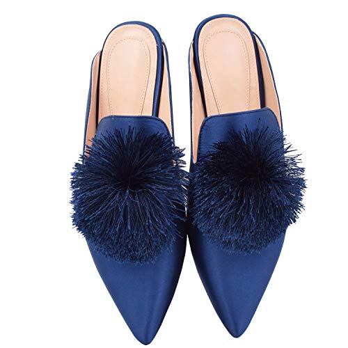 Fericzot Slip On Mule Rückenfrei Loafer Flats Puff Pompon Spitz Toe Freizeitschuhe Slippers, Blau (blau), 40 EU von Fericzot
