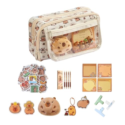 Ferizzia 58 Stück Capybara Schreibwaren Set, Capybara Federmäppchen mit Großem Fassungsvermögen mit Fächern, Schreibset Koffer, Süßes Schreibwaren Geschenkset für Kinder, für Büro, Schule von Ferizzia