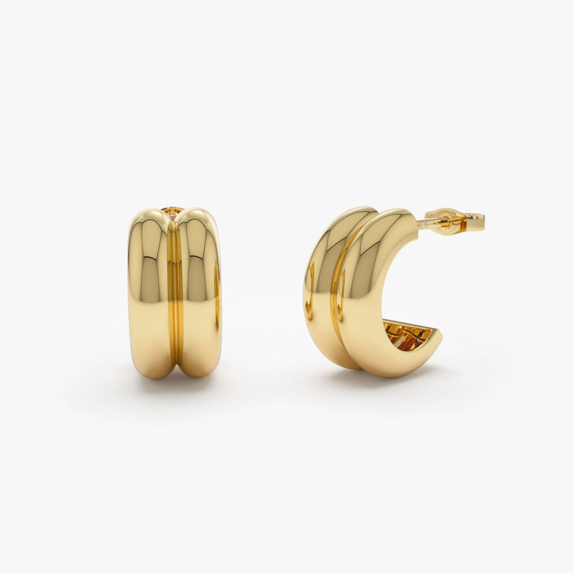 14K Gold Creolen, Massivgold Twin C Doppel Einzigartige Trendige Must Have Creolen Für Jede Frau, Mutige Klobige Goldohrringe von FerkosFineJewelry