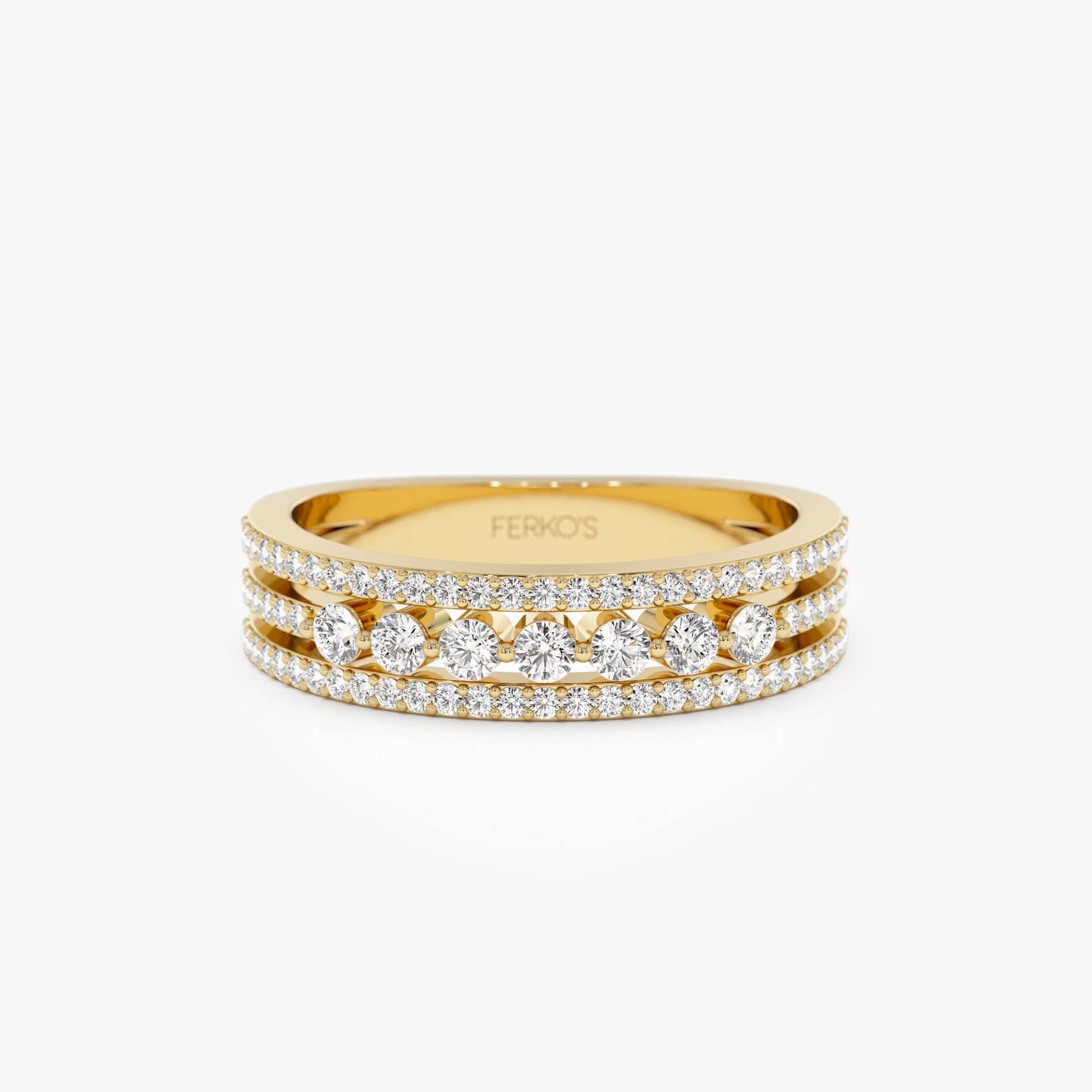 14K Gold Diamant Jahrestag Ring 0, 57 Ctw, Dreireihiger Diamantring Stapelring, Einzigartiger Diamantring, Gestapelte Ringe, Dreifache Diamantband von FerkosFineJewelry