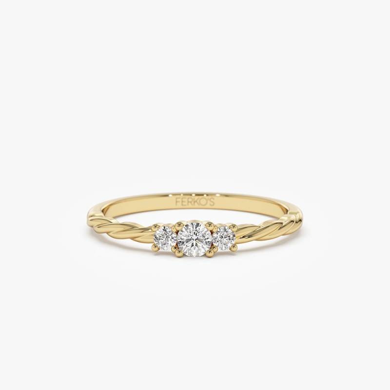 14K Gold Drei Stein Zierlicher Diamant Twisted Ring/14K Runder Versprechen Bester Freund Geschenk von FerkosFineJewelry