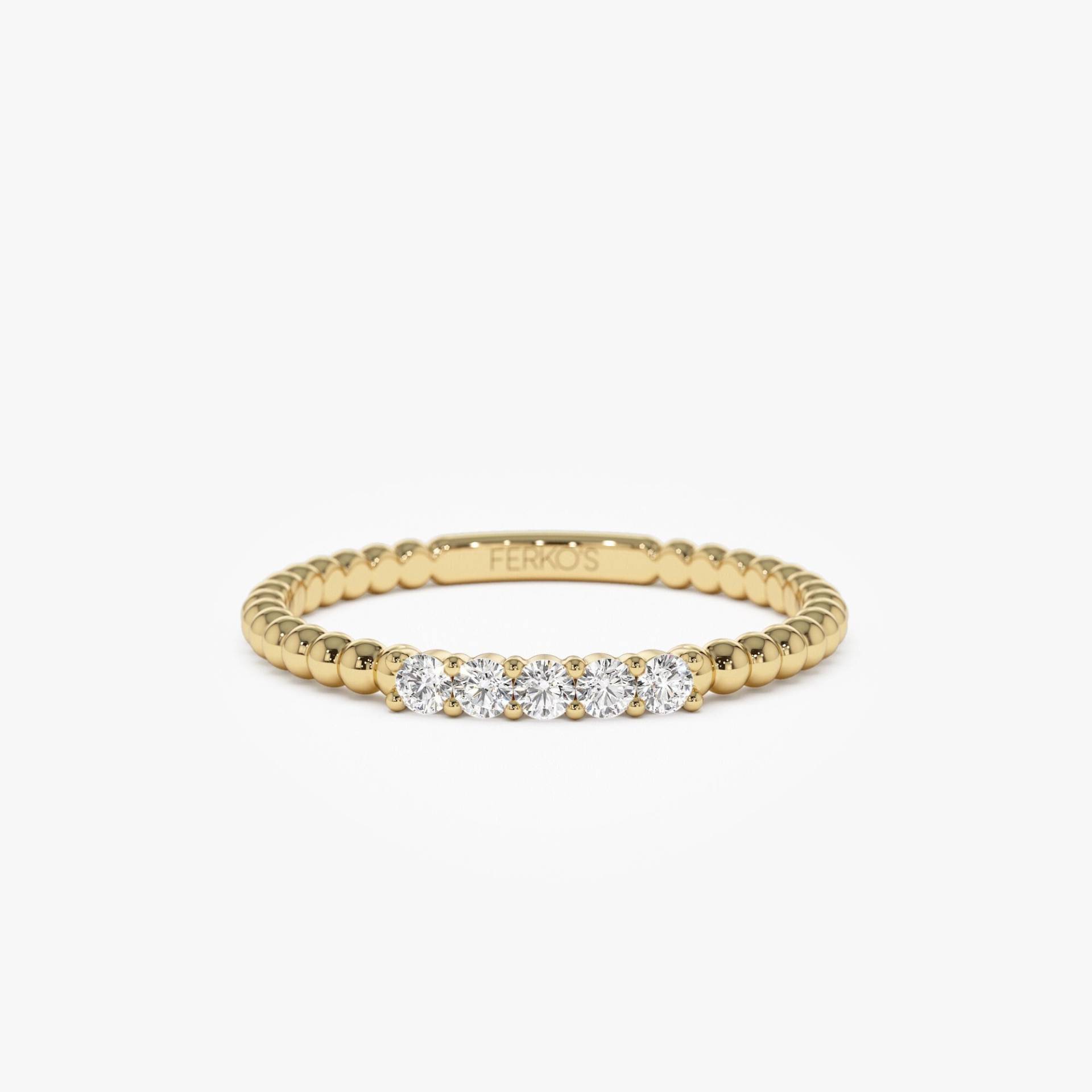 14K Gold Stapelring, Zierliche Perlen Diamant Band, Massiv Minimalist Stapelbare 5 Steinperlen Ring, Perfekte Push Geschenk von FerkosFineJewelry