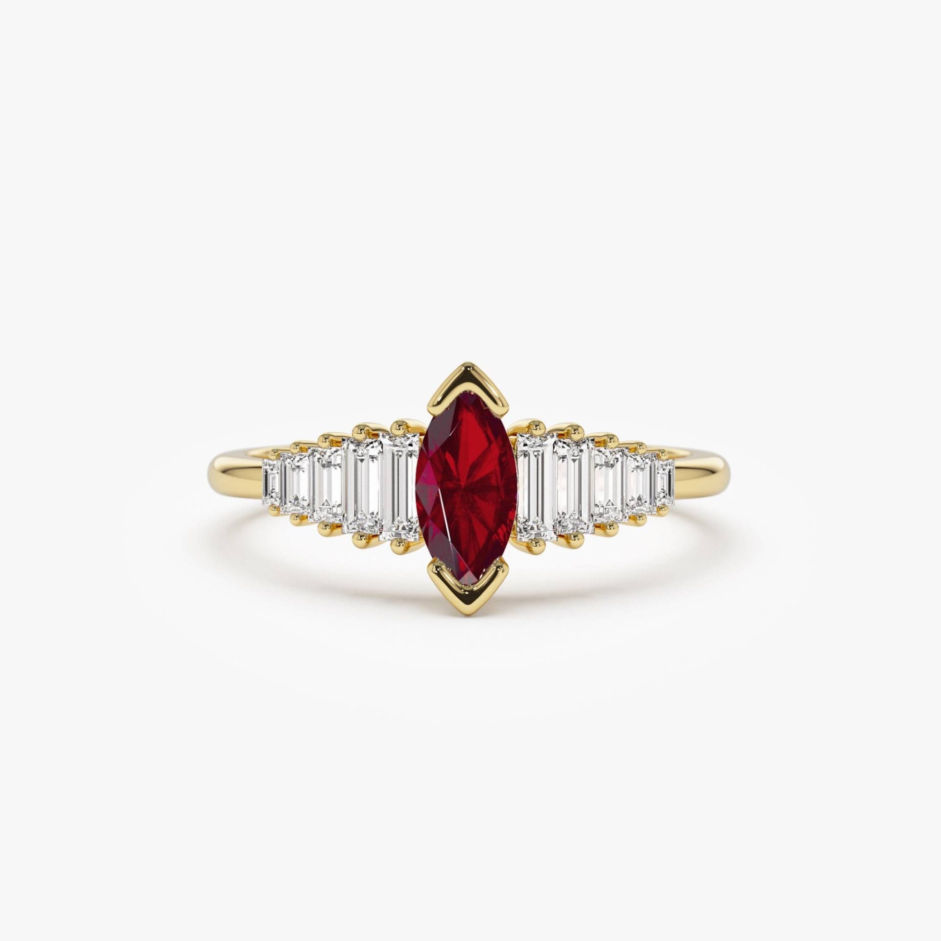 14K Gold Verlobungsring, Rubinring Für Den Alltag, Marquise Jubiläumsring Mit Baguette Akzentsteinen, Juli Birthstone Statement Band von FerkosFineJewelry